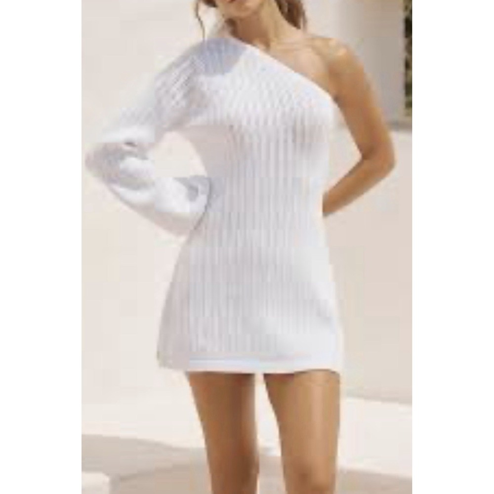 anthropologie flat white One Shoulder crochet cover up Mini dress Sz M White 128